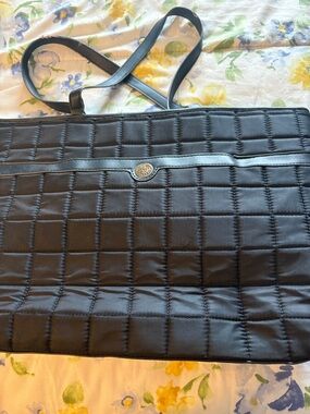 Anne Klein Black Quilted Tote with Decorative Emblem